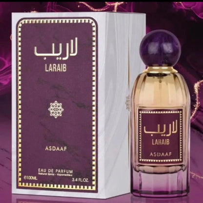 Laraib de Asdaaf, fragancia floral vainilla con violeta, rosa y vainilla. Delicada, suave y envolvente.