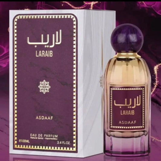 Laraib de Asdaaf, fragancia floral vainilla con violeta, rosa y vainilla. Delicada, suave y envolvente.