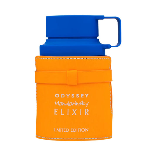 Odyssey Mandarin Sky Elixir de Armaf, fragancia cítrica y especiada con caramelo, azafrán y ambroxan. Ideal para quienes buscan un aroma audaz y moderno.
