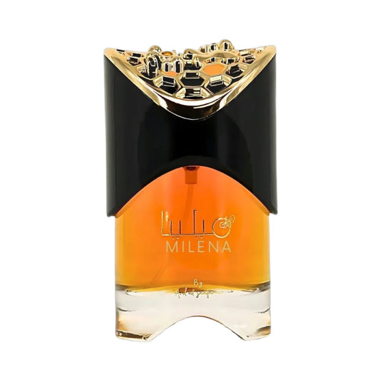 Milena de Ard Al Zaafaran, fragancia floral con salida cítrica fresca, corazón de flores suaves y fondo de vainilla, ámbar, sándalo y almizcle. Elegante.
