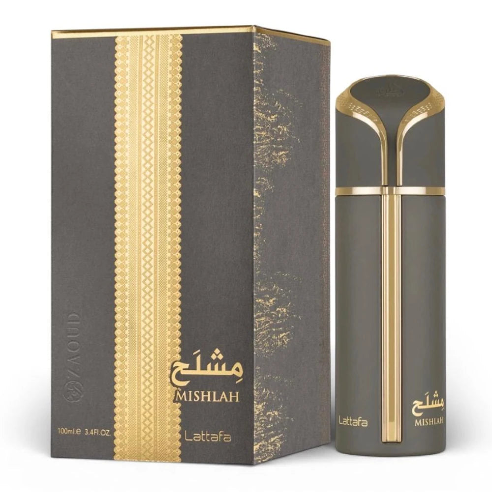 Mishlah de Lattafa Perfumes, fragancia ambarada aromática con lavanda y bergamota, corazón de iris y petit grain y fondo de ámbar, almizcle, incienso y cedro. Sofisticada.