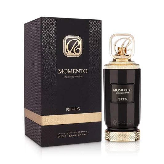 Momento de Riiffs, fragancia floral y amaderada con rosa de Damasco y haba tonka. Ideal para quienes buscan un aroma sobrio, elegante y seductor.