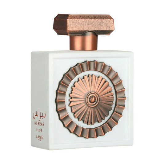 Nebras Elixir de Lattafa, fragancia ámbar gourmand con caramelos de leche, crema batida, caña de azúcar, vainilla, almizcle y ambroxan. Dulce y reconfortante.