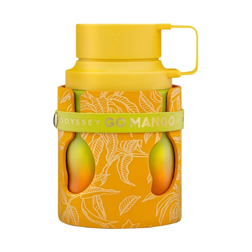 Odyssey Go Mango de Armaf, fragancia frutal ambarada con mango, jengibre, tonka y vainilla. Tropical y moderna.