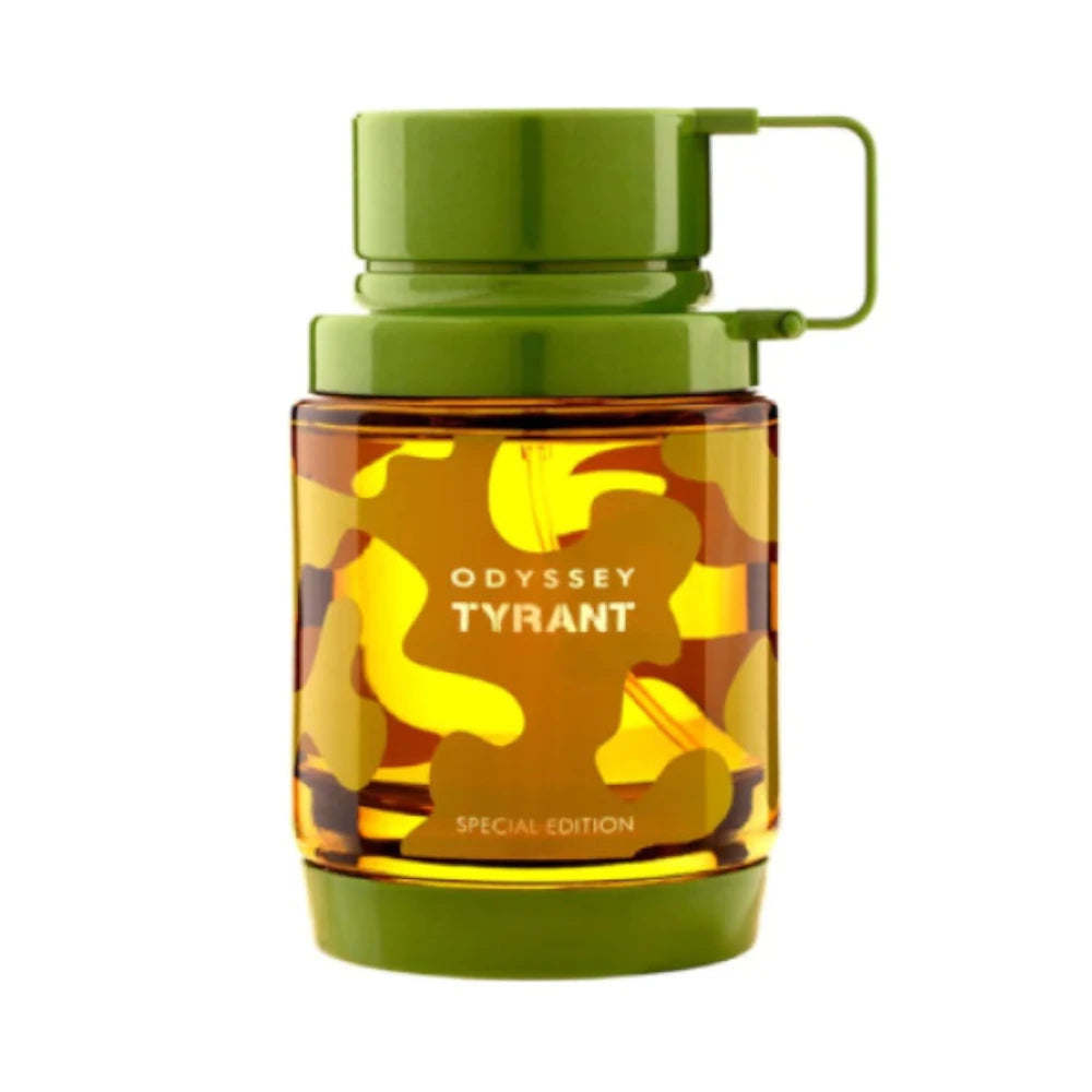 Frasco de perfume Odyssey Tyrant Special Edition de Armaf, diseño robusto y elegante que refleja una fragancia cítrica, especiada y amaderada de gran carácter.