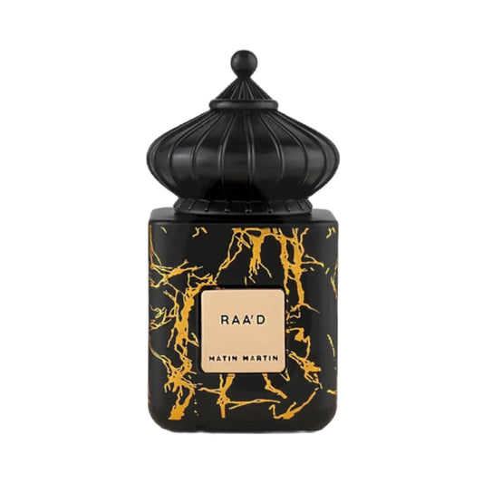 RAA'D de Matin Martin, fragancia ambarada vainilla con salida especiada, corazón empolvado y fondo de tonka, ámbar, vainilla y almizcle. Cálida y sensual.
