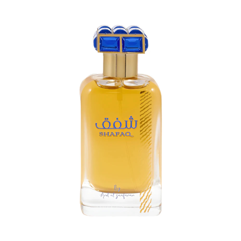 Shafaq de Ard Al Zaafaran, fragancia ámbar vainilla con mandarina, almendra y coco, sobre vainilla, heliotropo y cedro. Cremosa y elegante.