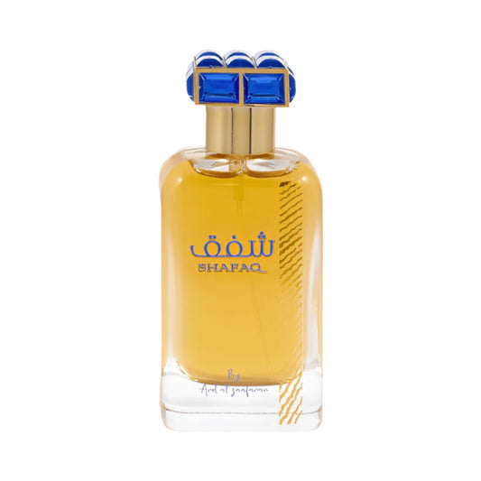 Shafaq de Ard Al Zaafaran, fragancia ámbar vainilla con mandarina, almendra y coco, sobre vainilla, heliotropo y cedro. Cremosa y elegante.