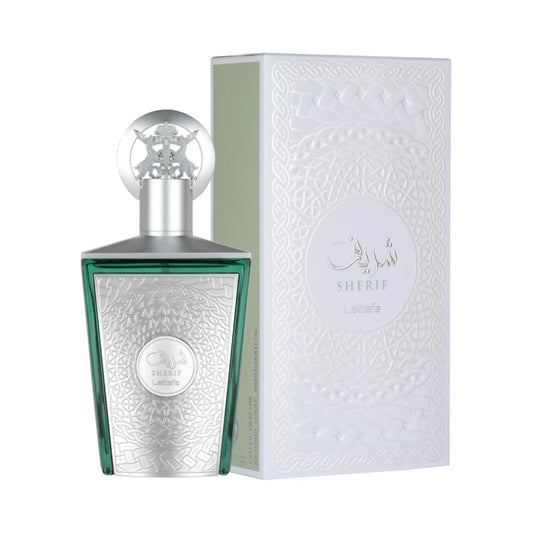 Sherif de Lattafa, fragancia amaderada aromática con manzana, cedro y ámbar. Masculina y distinguida.
