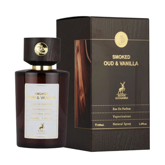 Perfume Smoked Oud & Vanilla de Maison Alhambra, frasco de 100 ml, fragancia oriental amaderada con vainilla y notas ahumadas.