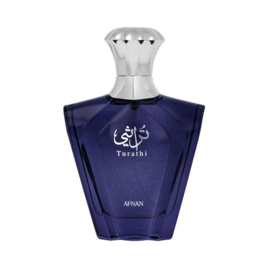 Turathi Blue de Afnan, perfume masculino de frescura cítrica y fondo especiado, ideal para quienes buscan elegancia, carácter y presencia duradera.
