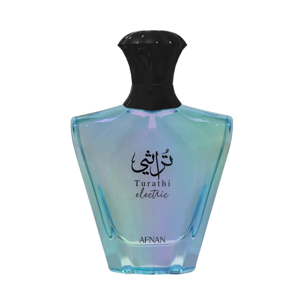 Turathi Electric de Afnan, fragancia floral frutal con pera y cítricos, corazón de azahar y manzana y fondo de almizcle, ámbar y vainilla. Fresca y luminosa.