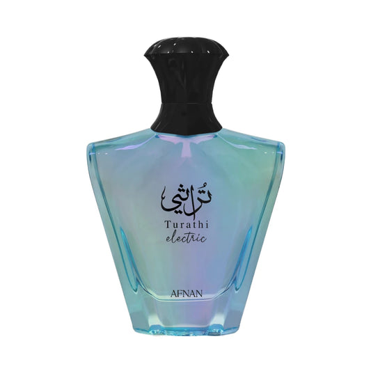 Turathi Electric de Afnan, fragancia floral frutal con pera y cítricos, corazón de azahar y manzana y fondo de almizcle, ámbar y vainilla. Fresca y luminosa.