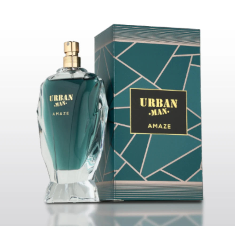 Urban Man Amaze de Fragrance World, fragancia aromática con bergamota, coco, lavanda y maderas. Ideal para un estilo masculino moderno y vibrante.