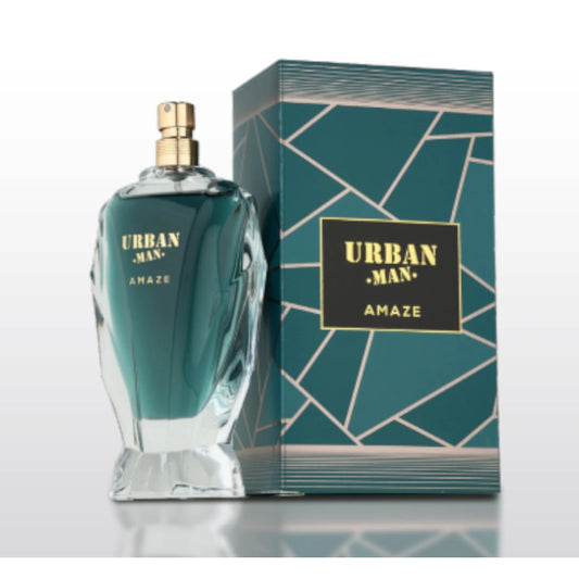 Urban Man Amaze de Fragrance World, fragancia aromática con bergamota, coco, lavanda y maderas. Ideal para un estilo masculino moderno y vibrante.