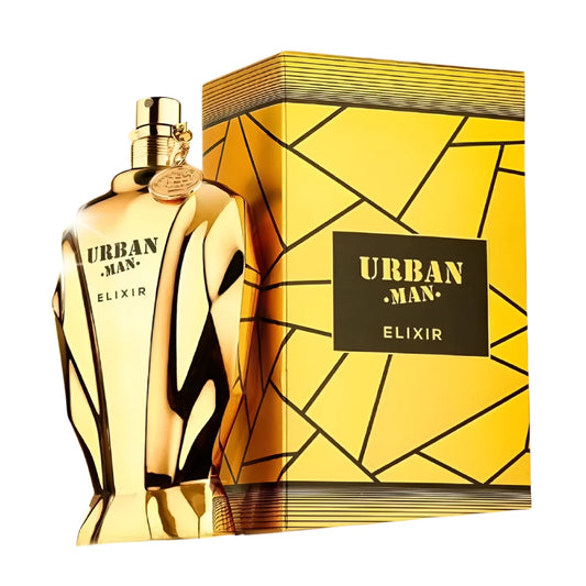 Urban Man Elixir de Fragrance World, fragancia ambarada y aromática con toques florales y especiados. Ideal para un hombre moderno y con carácter.