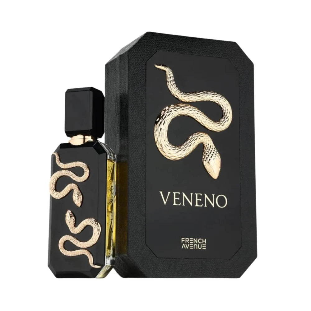 Veneno de French Avenue, fragancia ambarada especiada con manzana, humo y canela, corazón de tabaco y musgo y fondo de vainilla Bourbon y Orcanox™. Oscura y adictiva.
