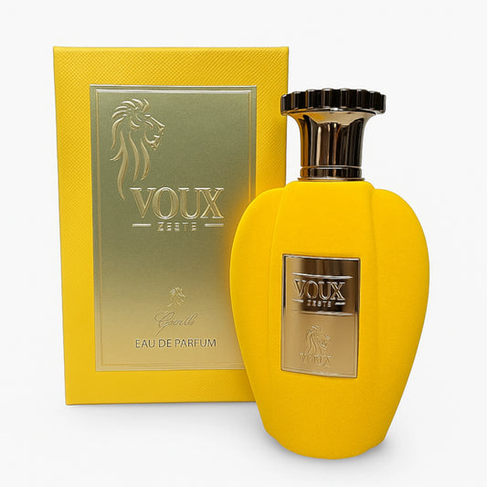Frasco de perfume Voux Zeste de Paris Corner que simboliza frescura cítrica, energía vibrante y dulzura envolvente en un diseño elegante.