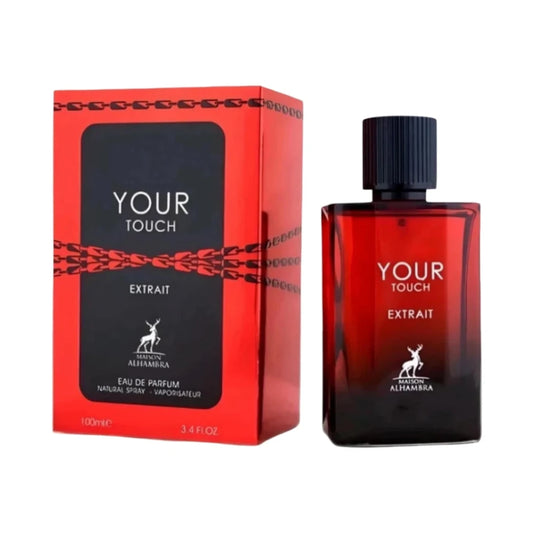 Your Touch Extrait de Maison Alhambra, fragancia ambarado fougère con cardamomo, menta, piña y lavanda sobre vainilla, castaña y maderas cálidas. Sensual y carismática.